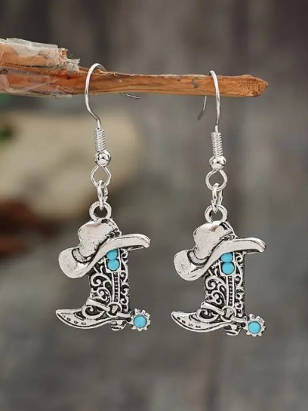 Pair Of Silver-plated Western Cowboy Horseshoe Boots and Hat Draped Earrings